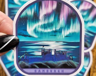 Bamburgh Castle Aurora Sticker: Northumberland Landmark Vinyl Decal