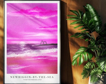 Newbiggin-by-the-Sea Pink Seascape Print – Vibrant Northumberland Coastal Art, Available with or without Text
