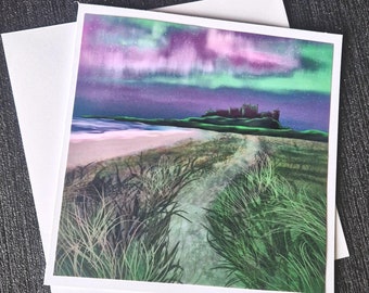 Northern Lights Bamburgh Castle Card | Northumberland Art Print