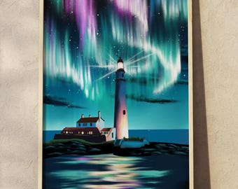 St Mary’s Lighthouse Northern Lights Art Print – Whitley Bay Gift A3/A4/A5