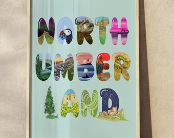 Northumberland Illustrated Print – A3 A4 A5 Wall Art, Northumberland Letters Artwork, North East Gift