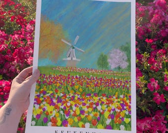 Keukenhof Tulip Field Art Print: Dutch Windmill, Holland Landscape