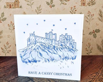 Bamburgh Castle Christmas Card, Blue & White Vintage Porcelain Style, Cottagecore Greeting Card, Northumberland Winter Art