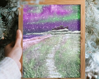 Bamburgh Castle Northern Lights Art Print: Northumberland Winter Coastal Scene