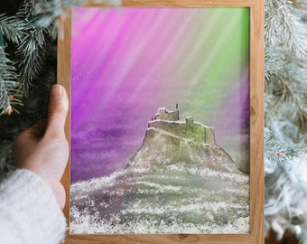 Lindisfarne Castle Northern Lights Art Print: Winter Coastal Decor