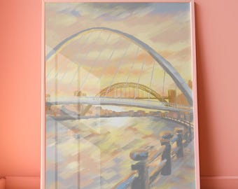 Newcastle Quayside Print | Golden Hour Tyne Bridge Art | Oil Painting | North East Home Decor