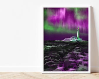 St Mary's Lighthouse Northern Lights Art Print: North East Coastal Decor