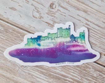Bamburgh Castle Northern Lights Sticker: Waterproof UK Travel Decal