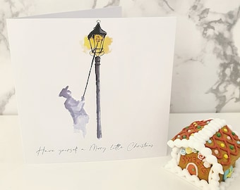 Watercolor Christmas Card: Lighting the Lamp Urban Sketch, Victorian old fashioned Traditional