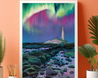 St Mary's Lighthouse Aurora Borealis Art Print - UK Coastal Wall Decor