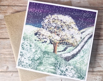 Christmas Sycamore Gap Card: Winter Northumberland Landscape Art Greeting Card