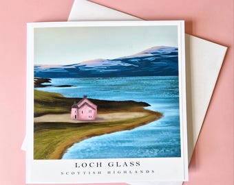Scottish Highlands Loch Glass Art Card | 6x6 Scottish Landscape Greeting Card | Travel-Inspired Art Print Card