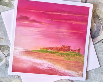 Sunrise at Bamburgh Beach Card | Northumberland Landscape / art print / north east artwork / Greeting card