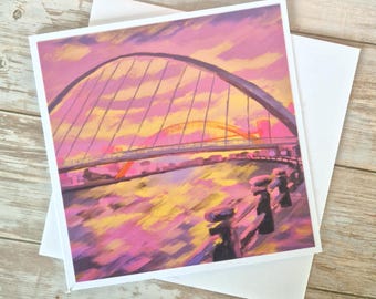 Newcastle Quayside Card | Pink Orange Oil Painting | Golden Hour Cityscape Greeting Card