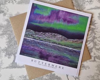 Northern Lights Greetings Card: Buttermere Lake District Starry Night