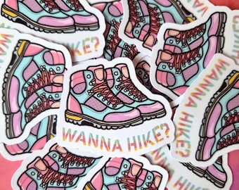 Wanna Hike? Girl-Core Pink Hiking Boot Sticker | Walking Girl Gift | Waterproof Vinyl Decal
