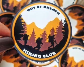 Out of Breath Hiking Club Sticker – Waterproof Vinyl Outdoors Decal with Trees + Mountains – Hiking, Camping & Adventure