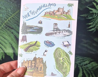 Northumberland Print – A5 or A6 Wall Art Postcard  | Bamburgh Castle, Lindisfarne & Alnwick Castle