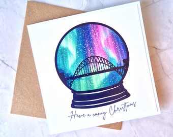Tyne Bridge Christmas Card – Snowglobe Newcastle, Aurora Northern Lights, North East England Holiday Greeting