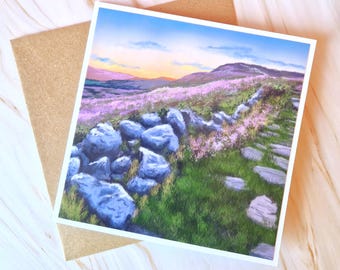 Simonside Hills Northumberland Greeting Card – Heather Landscape Art Card, UK Hiking Gift