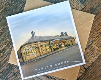 Barter Books Alnwick Card | Famous Bookshop | Painted Greeting Card