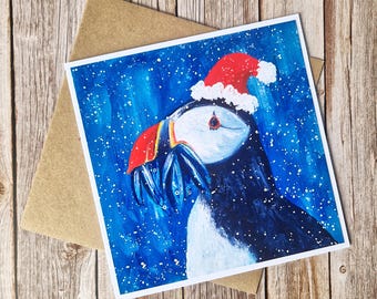 Puffin Christmas Card | Santa Hat Coastal Wildlife Greeting