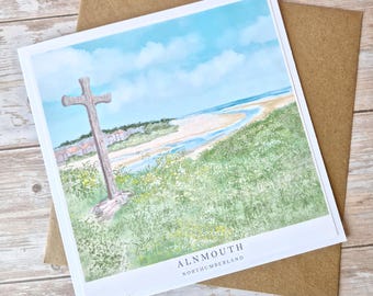 Alnmouth Church Hill Card | Northumberland Coastal Art Greeting Card | St Cuthbert’s Cross Illustration | 6x6 Scenic Landscape Card