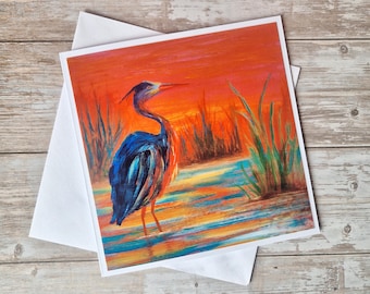 Heron Sunrise Greeting Card – Bright Colourful Bird Art from Original Oil Painting – Nature Wildlife Card for Birthday or Any Occasion