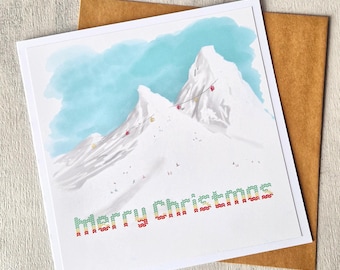 Mountain Christmas Card: Skiers, Cable Car, Knitted Font