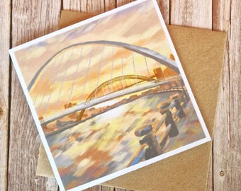Newcastle Quayside Card | Orange Oil Painting | Golden Hour Cityscape Greeting Card
