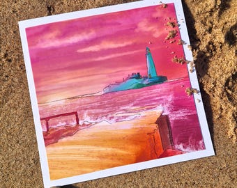 St. Mary's Lighthouse Art Card: Whitley Bay Coastal Sunrise