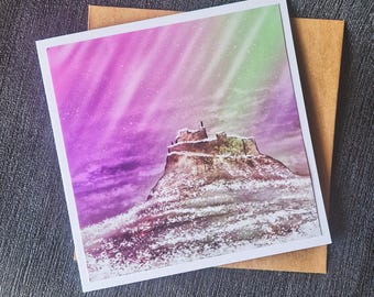 Northern Lights Holy Island Card: Northumberland Christmas Card