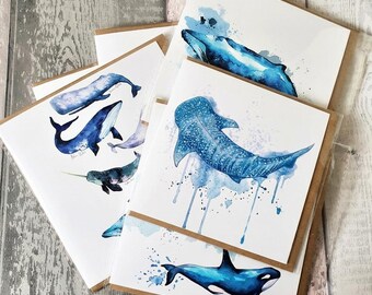 Set of 5 Whale bundle Greetings Cards / Holiday wishes / whale watercolour art / Birthday card