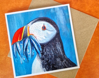 Puffin Christmas Card | Oil Painting Coastal Wildlife Greeting