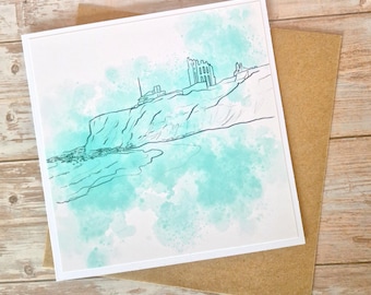 King Edward’s Bay & Tynemouth Priory Card | Turquoise Coastal Art | Watercolour Ink Greeting Card