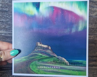 Lindisfarne Castle Aurora Borealis Art Card: Northumberland Landscape