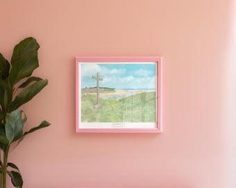 Alnmouth Cross Print | Northumberland Coastal Wall Art | Alnmouth Landscape Illustration | North East England Decor