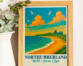 Northumberland Wild Swimming Poster Print | Coastal Wall Art, Sea Dip Illustration | North East