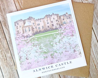 Alnwick Castle Cherry Blossom Card | Northumberland Castle Art Greeting Card | Spring Blossom Illustration | 6x6 UK Travel Card