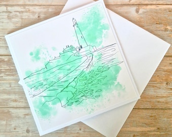 St. Mary's Lighthouse Art Card: Whitley Bay Coastal watercolour linework