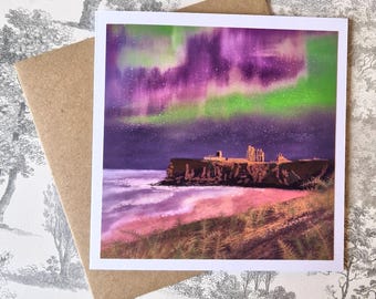 Tynemouth Northern Lights Art Card: Coastal Landscape Greeting Card