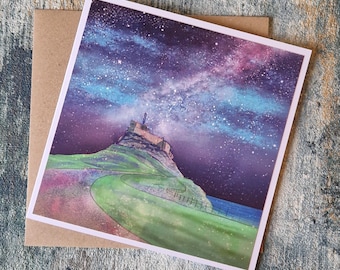 Lindisfarne Castle Milky Way Greeting Card: Northumberland Stargazing Art (6x6)