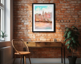 Colorful Amsterdam Canal Art Print: Netherlands Cityscape Poster