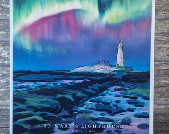 St. Mary's Lighthouse Aurora Art Card - Whitley Bay Coastal Scene