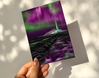St Mary's Lighthouse Postcard: Aurora Borealis, UK Coastal Art