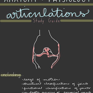 Könnte beinhalten: Eine Schwarzweißillustration eines Kniegelenks mit der Bildunterschrift "Anatomie + Physiologie Gelenke Studienleitfaden inklusive: Bewegungsumfang, strukturelle Klassifikationen von Gelenken, funktionelle Klassifikationen von Gelenken, detaillierter Überblick über synoviale Gelenke, Bewegungstypen, zusätzliche Bänder."