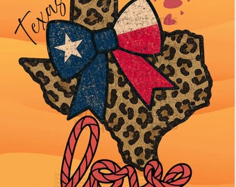 Texas Leopard Print State with Flag Bow Love / Distressed Digital Download PNG JPG