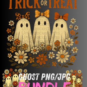 Puede incluir: Ilustración digital con tres fantasmas con lazos, rodeados de flores. Las palabras "Trick or Treat" están en la parte superior y "Ghost PNG/JPG Bundle" en la inferior. La paleta de colores incluye naranja, crema y negro.
