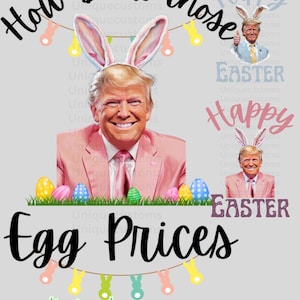 Puede incluir: Una descarga digital de una imagen humorística que presenta a un hombre con orejas de conejo y un traje rosa con el texto "How Bout Those Egg Prices" y "Happy Easter" en el fondo.