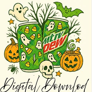 以下が含まれることがあります： ハロウィーンをテーマにしたデジタルダウンロード。幽霊とキャンディーコーンで飾られた2つの緑色のソーダ缶が特徴です。 他の要素には、カボチャ、頭蓋骨、コウモリ、クモ、星が含まれます。 「Digital Download」の文字は筆記体で書かれています。
